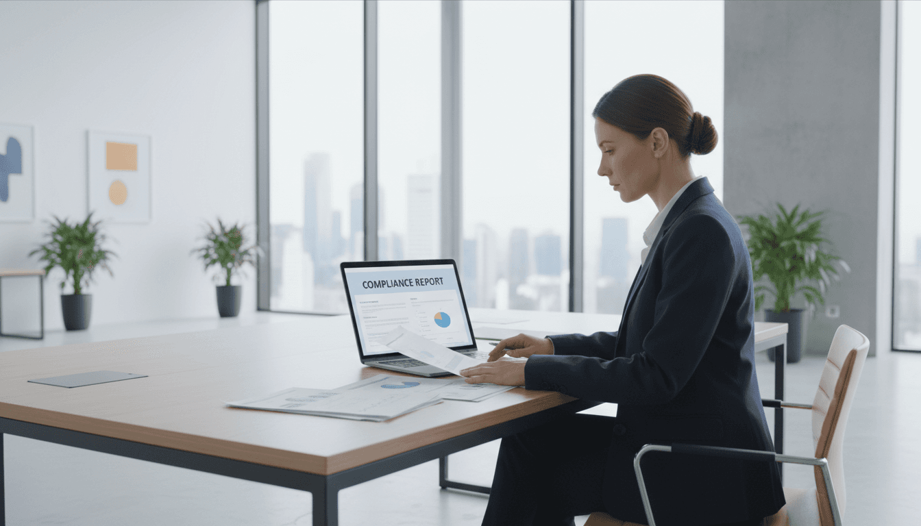 Manager reviewing compliance documents at a modern office desk