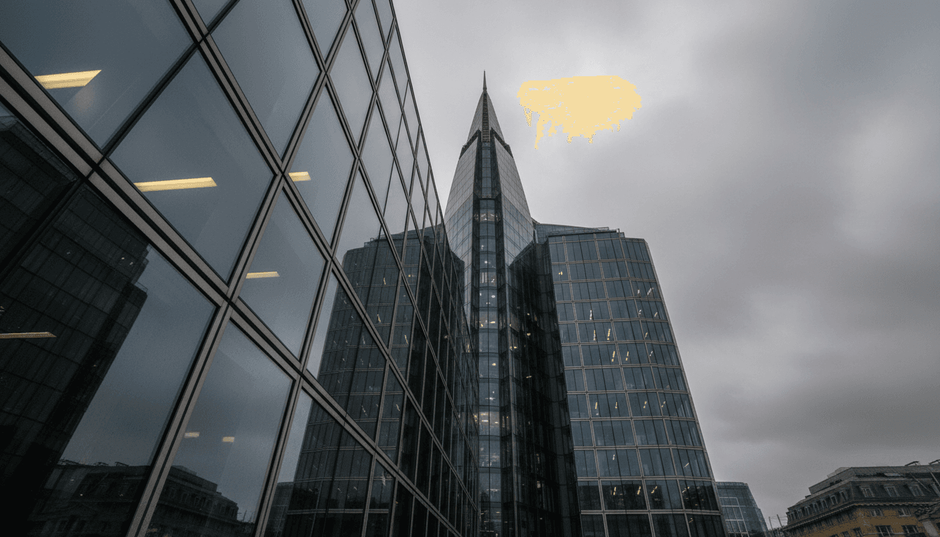 London office building exterior looking upward with glass and steel facade