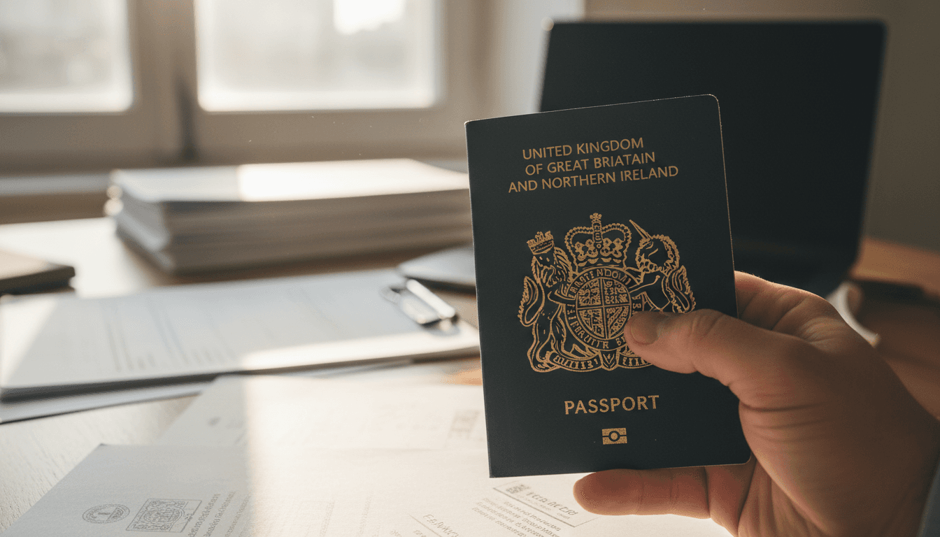 Hand holding a UK passport over a desk with application documents