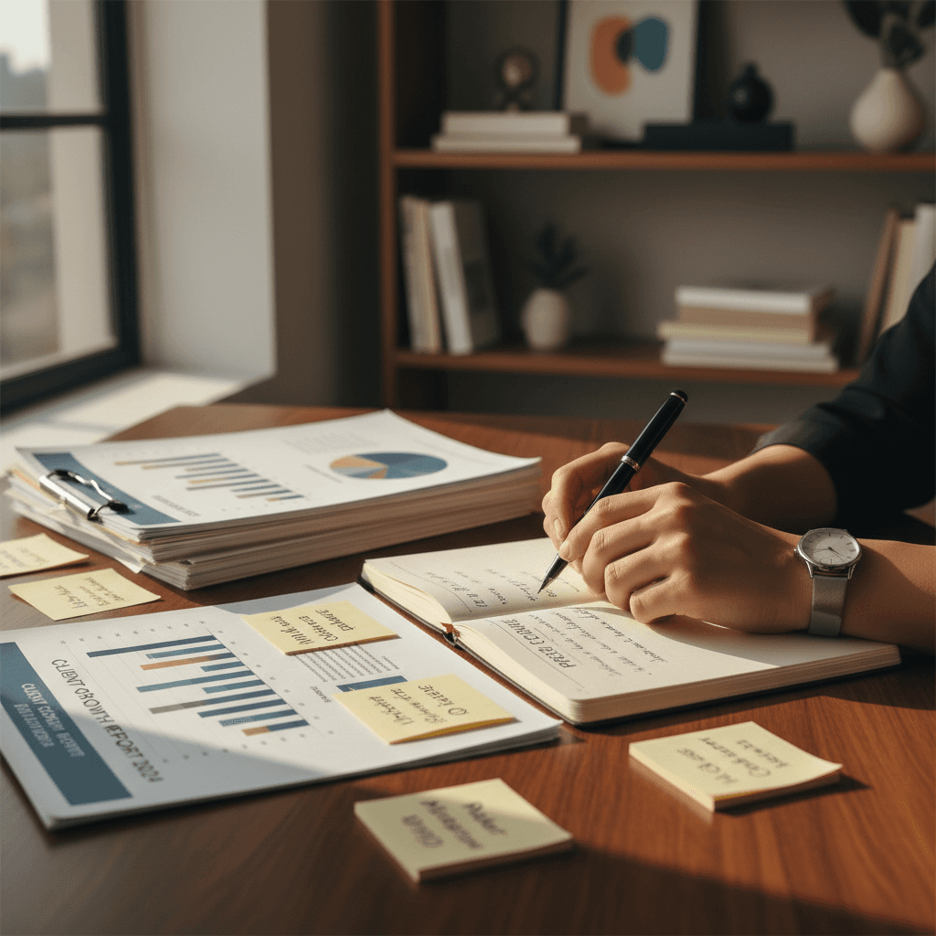 Immigration consultant reviewing application documents with a client in a bright London office