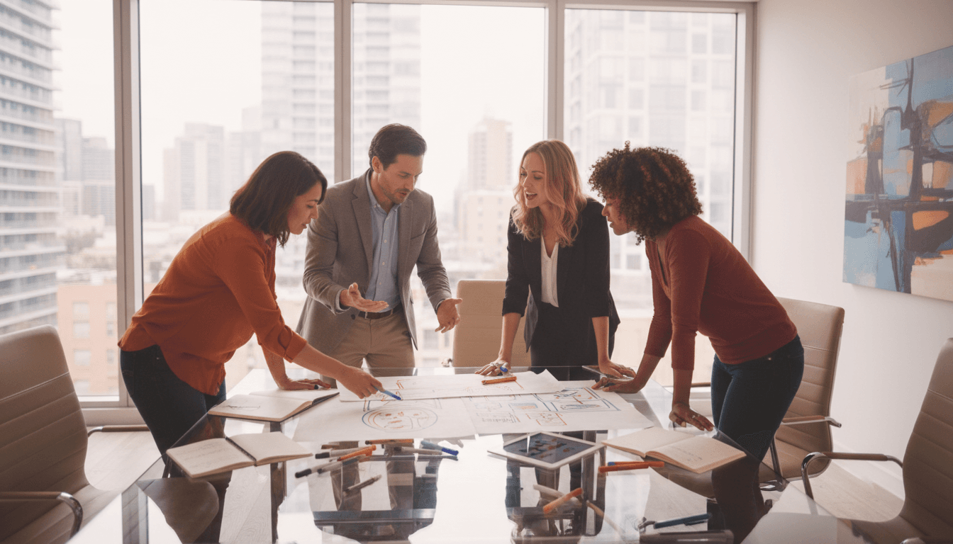 Diverse team in a meeting room, woman writing notes