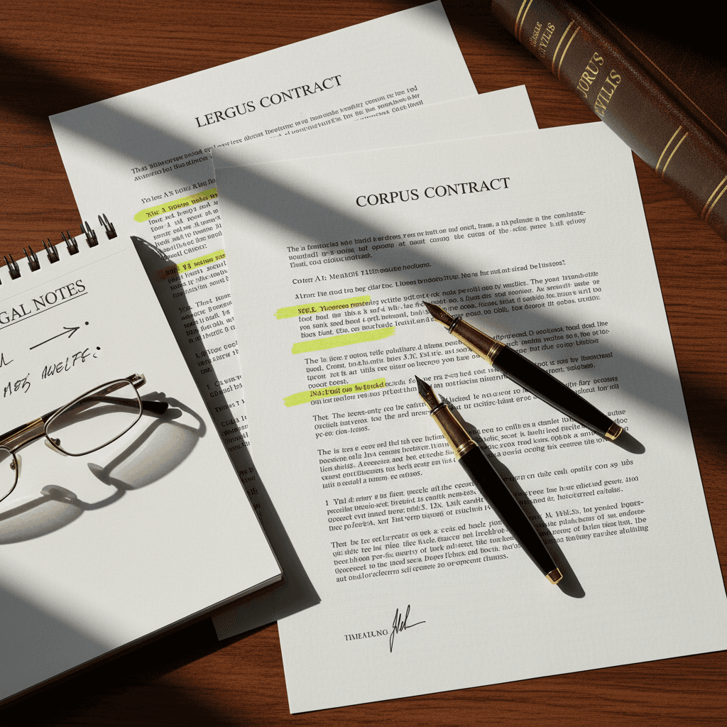 Overhead view of legal documents and a pen on a desk