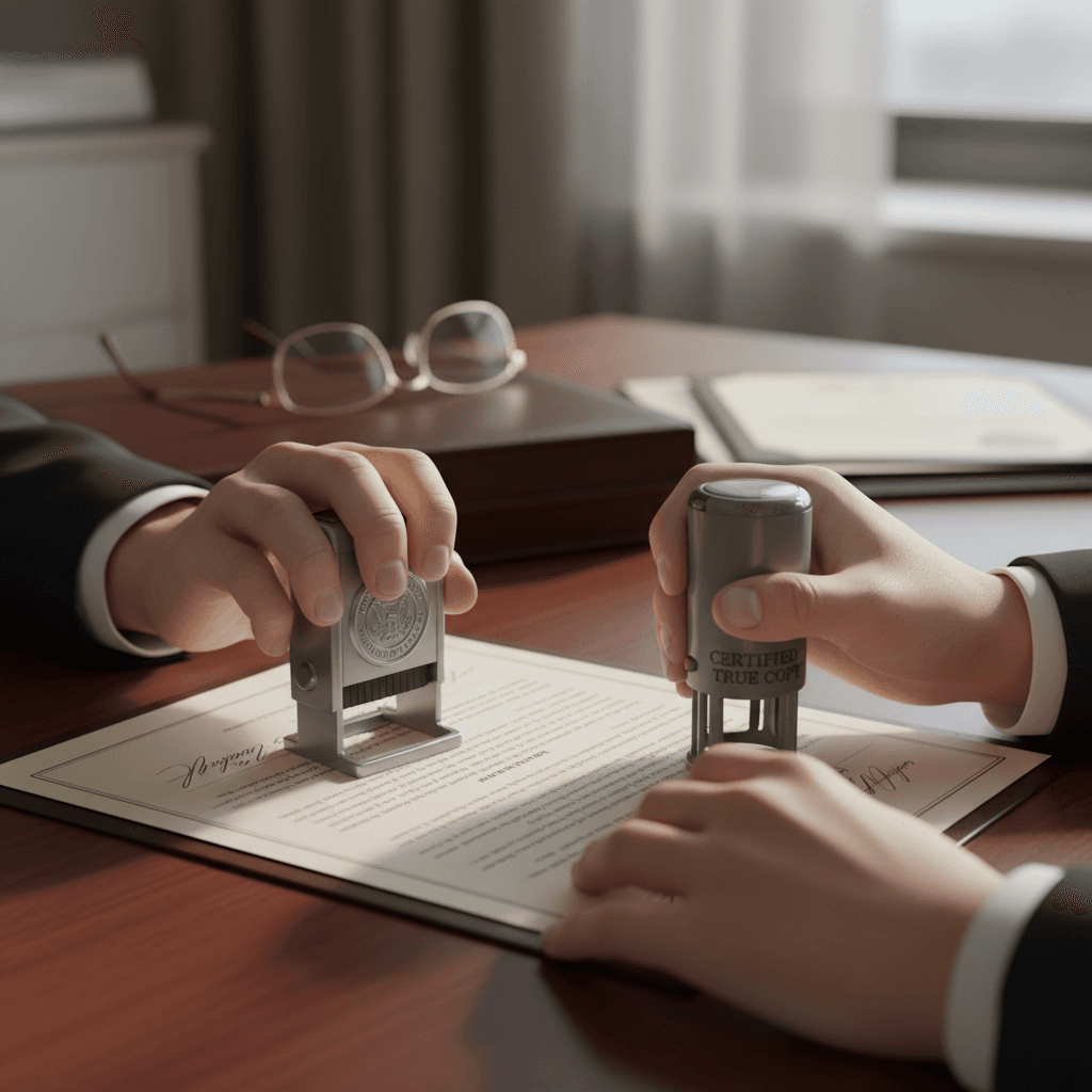 Professional hand stamping a document on a wooden desk