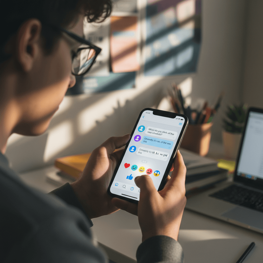 Student on campus reviewing visa application on phone