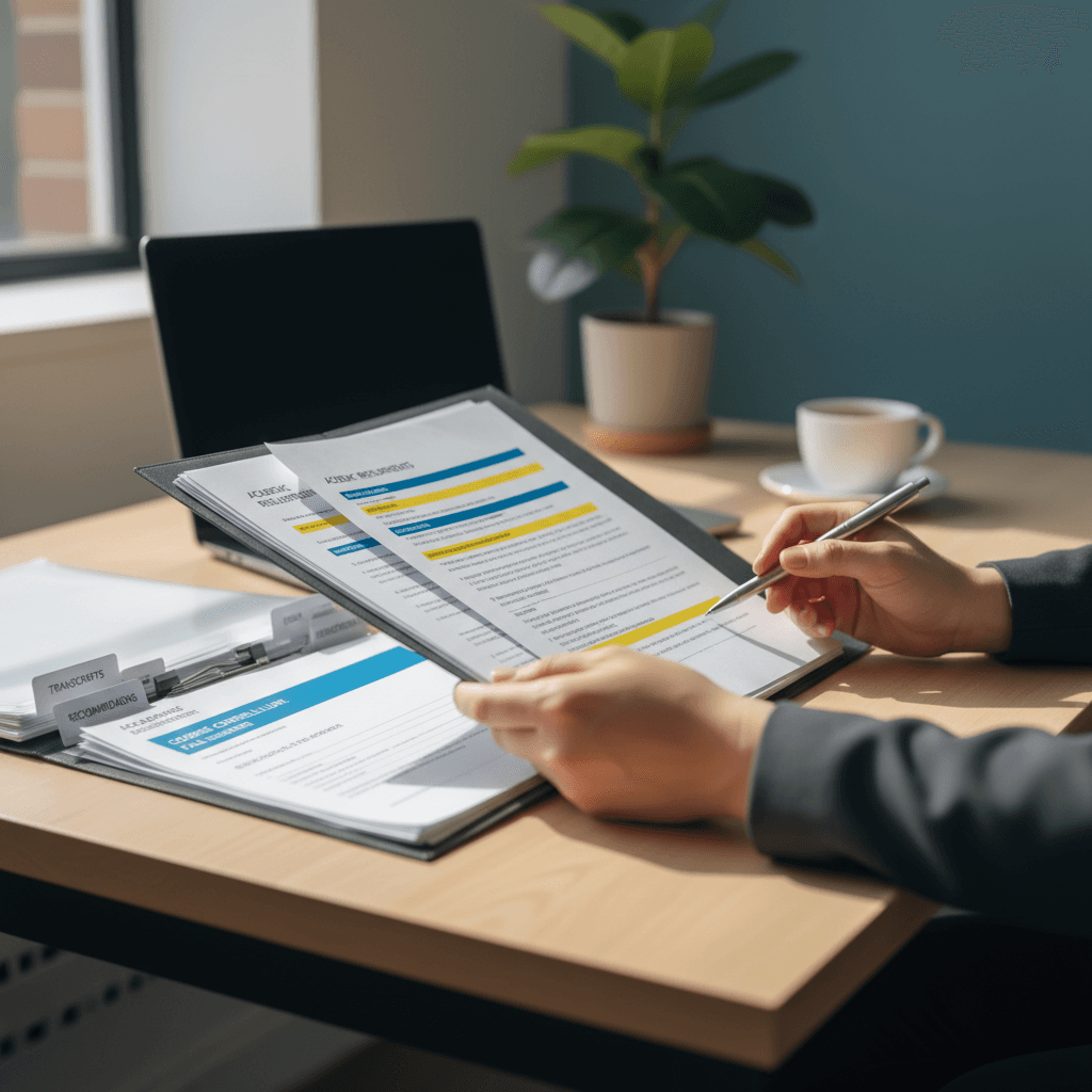 Graduate signing visa documents with consultant