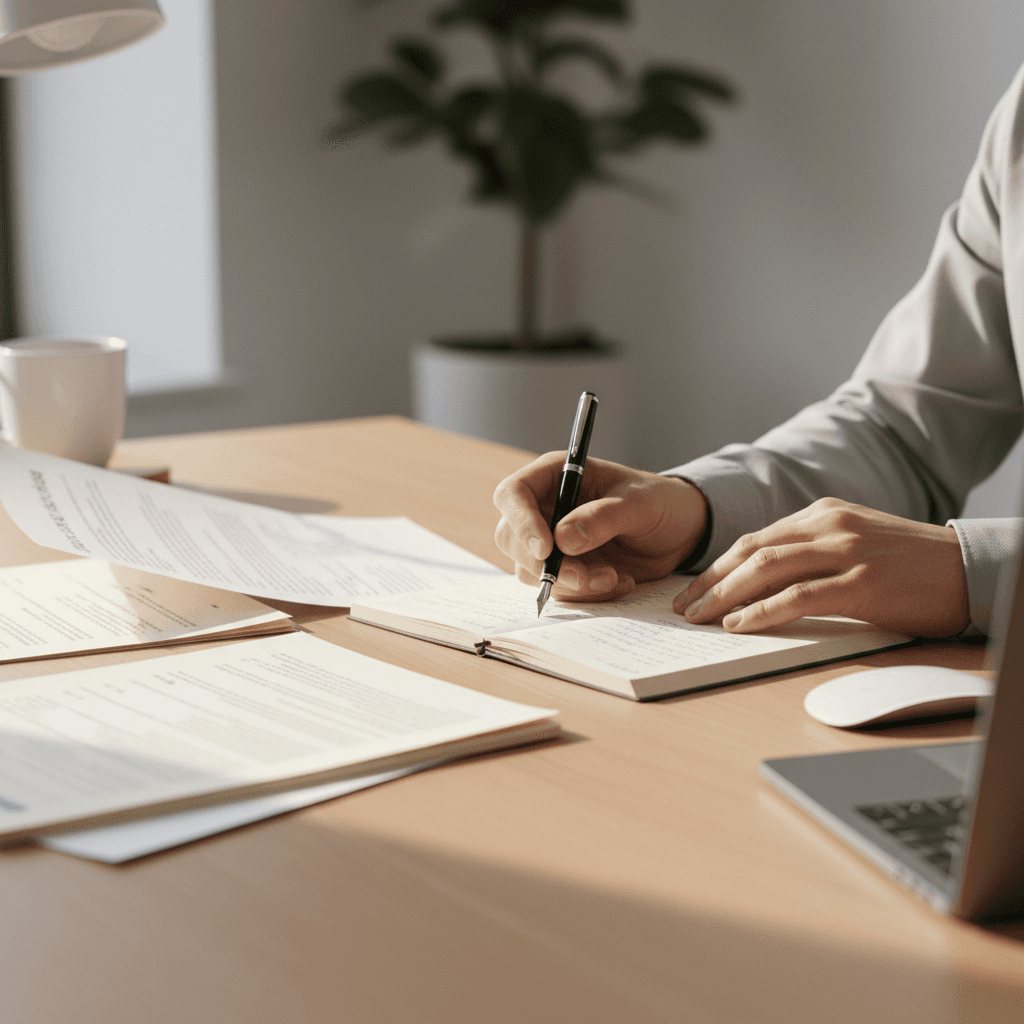 Person holding a letter and pen at a desk