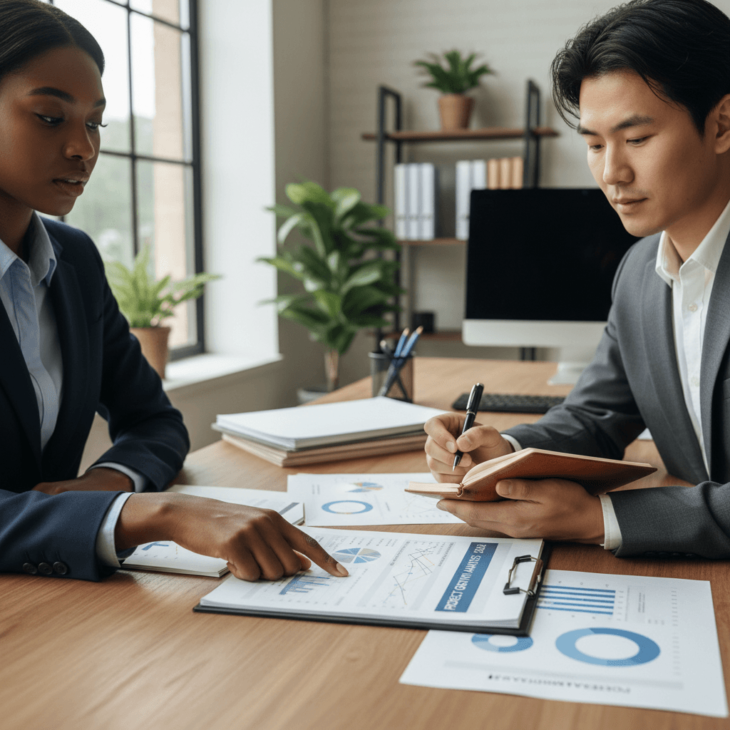 Professional advisor reviewing paperwork with a client in a bright London office