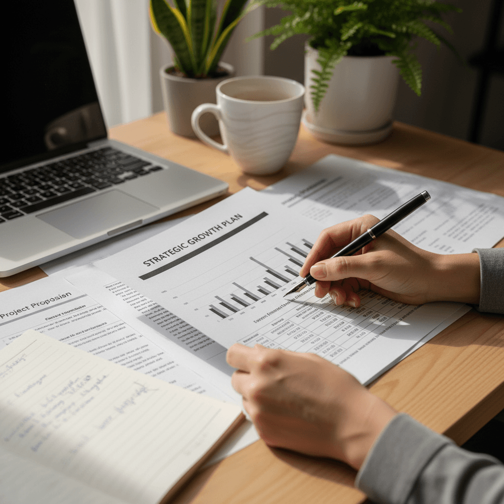 Two people reviewing paperwork together at a consultation desk in a London office
