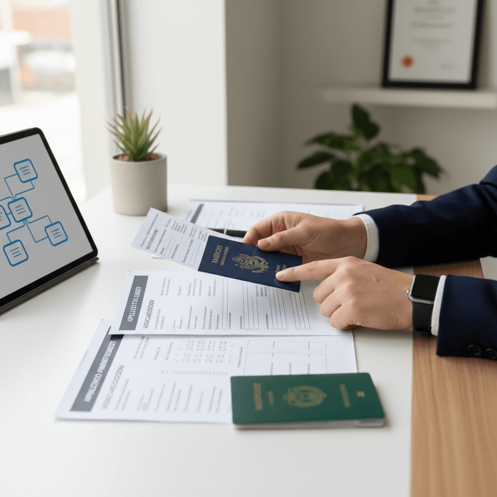 Organized desk with immigration forms and a passport