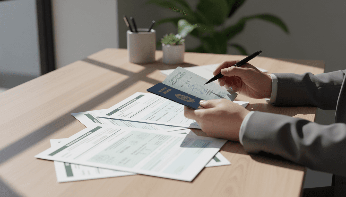 Professional reviewing immigration documents at a desk in London