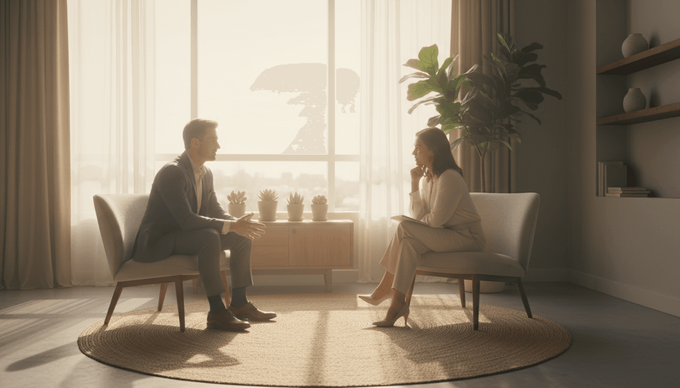 Consultant and client seated in a meeting room reviewing papers