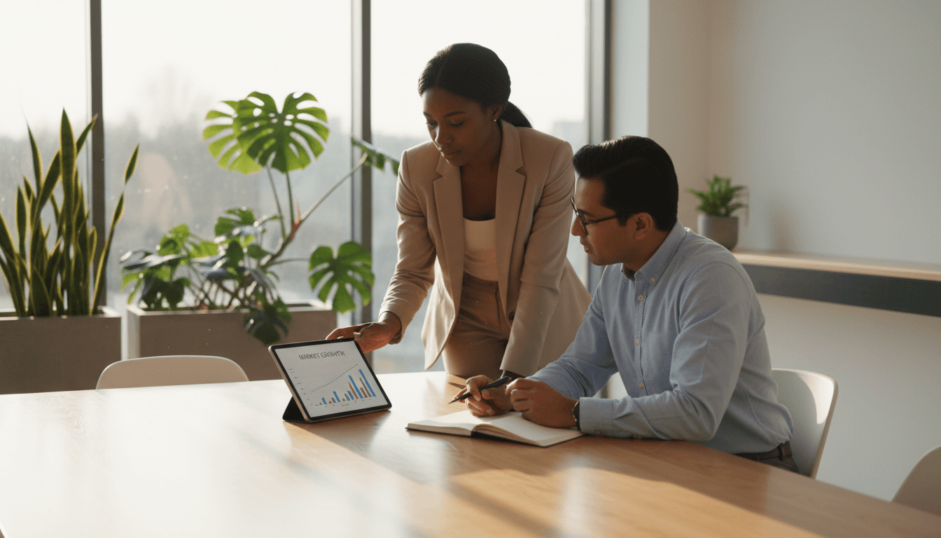 Two professionals reviewing documents together during a consultation at a desk in a bright London office