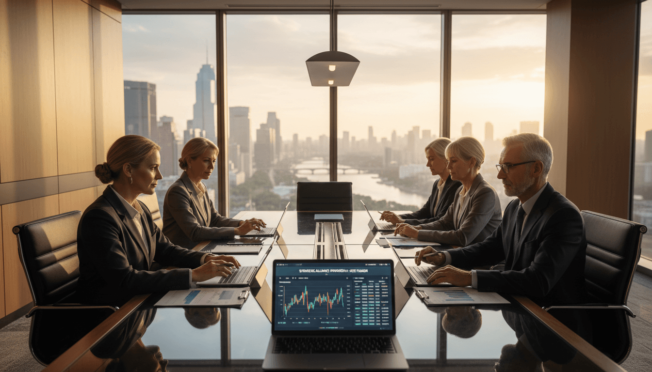 Stacks of corporate documents and reading glasses on a boardroom table