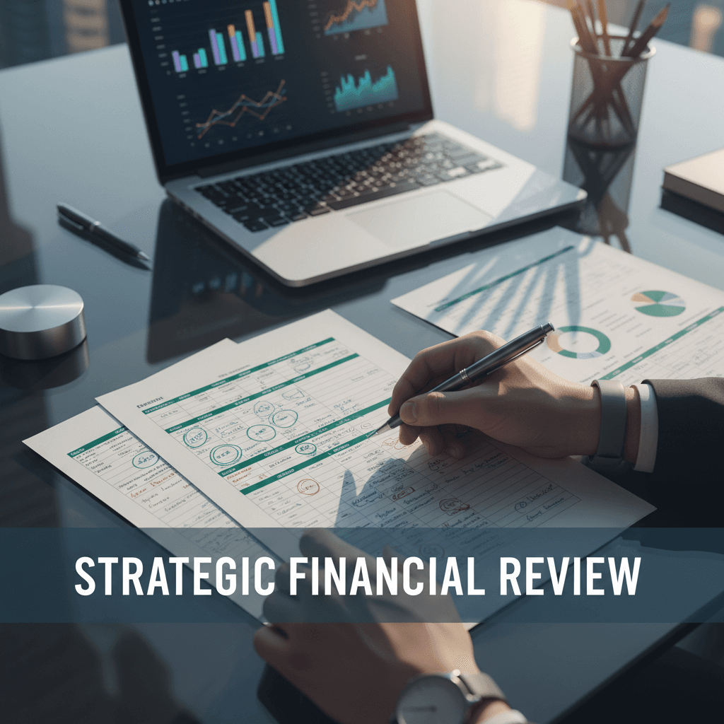 Consultant reviewing financial charts and spreadsheets at a desk